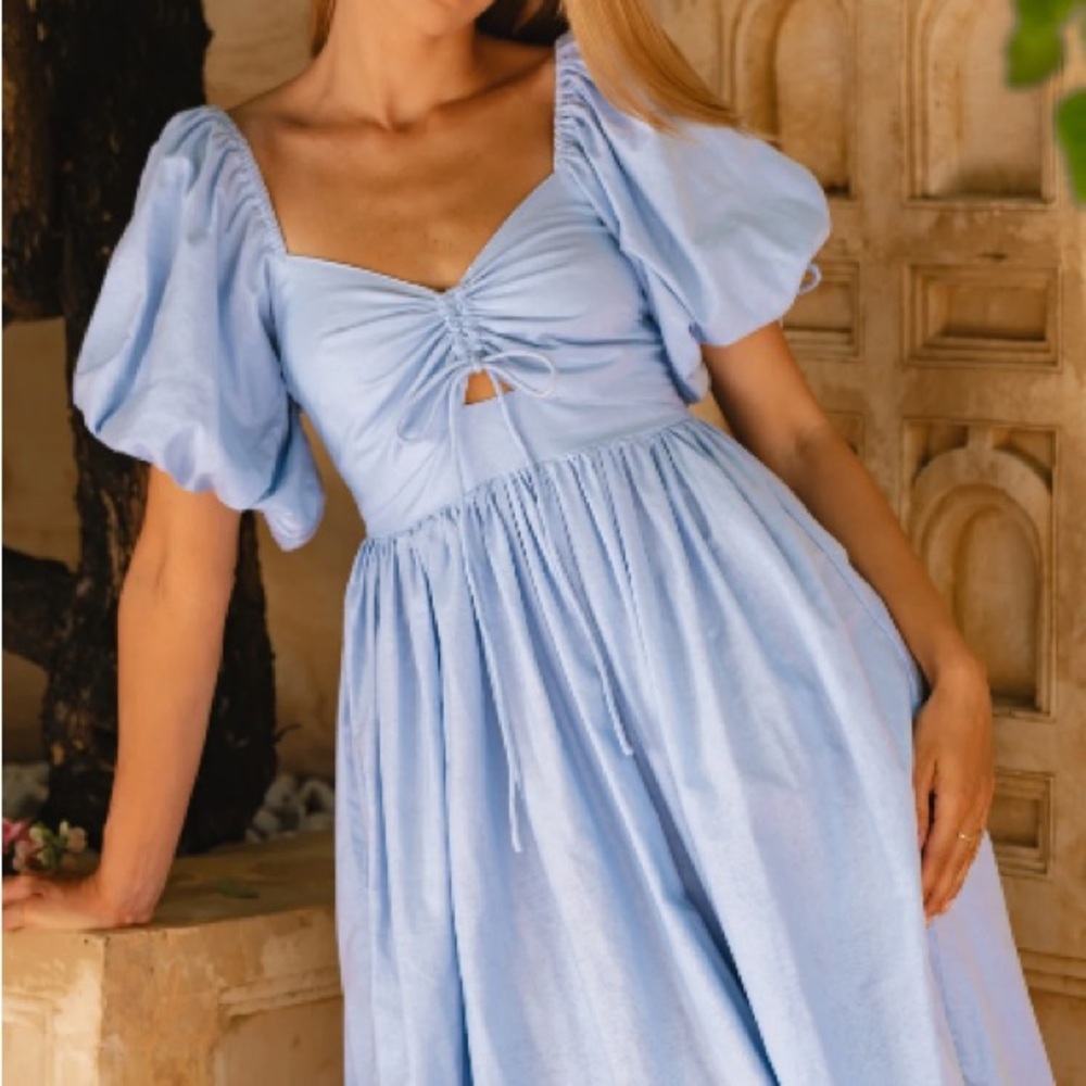 Light Blue Puff Sleeve Midi Dress